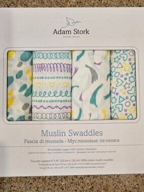 Adam Stork NWB 4 Pack Muslin Swaddles 47"x 47" Soft Cotton Unisex Breathable